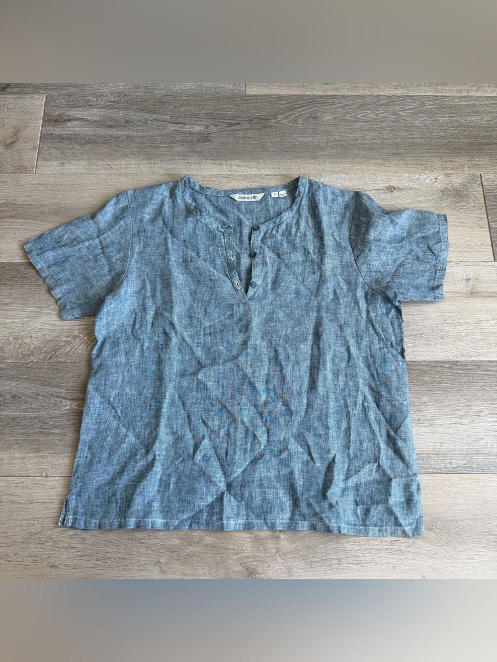 EUC Orvis Blue Short-Sleeve Linen V neck Button-Down Henley S minimalist chic